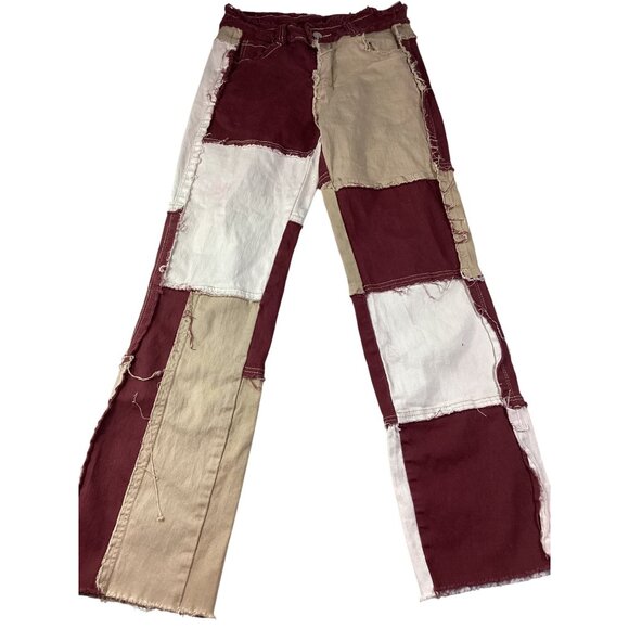 Y2K Distressed Patchwork Straight Jeans Womens Small Beige Black Grunge Rock - Picture 1 of 9